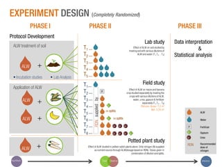 EXPERIMENT DESIGN (Completely Randomized)
PHASE I

PHASE II

PHASE III

Protocol Development

ALW

+

• Incubation studies

Application of ALW

ALW

ALW

ALW
Hypothesis

+

+

+

• Lab Analysis

Lab study

T1 —
T2 —
T3 —
T4 —
T5 —

T1—
T2 —
T3 —
T4 —
T5 —
T6 —
T7 —
T8 —

Effect of ALW on soil studied by
treating soil with various dilutions of
ALW and water (T 1,T 2…T 5)

Data interpretation
&
Statistical analysis

Field study
Effect of ALW on maize and banana
crop studied separately by treating the
crops with various dilutions of ALW,
water, urea, gypsum & fertilizer
separately (T 1,T 2…T8)
Plot size: Gross- 7.2 m2
Net- 3.24 m2

F

RDN supplied by

ALW treatment of soil

G

in splits
G

ALW

in splits

Water

U

U

U

U

U

U

F
G

Potted plant study
Effect of ALW studied in potted radish plants alone. Only nitrogen (N) supplied
as nutrient source through ALW(dosage based on RDN). Doses given in
combination of dilution and splits.

Test Observe

Fertilizer

G

Gypsum

U

Urea

RDN

Recommended
dose of
nitrogen

Inference

 