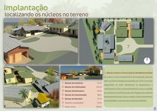 6
Implantação
O NovoCentroComunitáriodeMatarandiba
se insere no meio ambiente de forma integrada, optando
pelo uso de tecnologias apropriadas ao clima e recursos
disponíveis no local otimizando os desperdícios e
valorizando o reuso compreendendo os ciclos e a gestão
de resíduos e nutrientes no que diz respeito aos sistemas
desaneamentobásico,água,energia,confortoambiental,
acessibilidade, e escolha dos materiais adotados.
localizando os núcleos no terreno
Núcleo de Comércio 	 	 121 m2
Núcleo de Celebrações		 250 m2
Núcleo Aministrativo 		 110 m2
Nucleo de Comunicação		 88 m2
Núcleo da Memória 		 37 m2
Sanitário compostável	 20 m2
Praça central	 200 m2
1
2
4
5
6
3
7
1
2
4
5
7
6
3
 