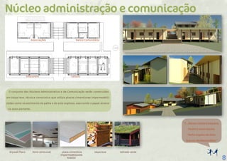 8
O conjunto dos Núcleos Administrativo e de Comunicação serão construídos
em taipa leve, técnica construtiva que utiliza placas cimentíceas impermeabili-
zadas como revestimento da palha e do solo argiloso, exercendo o papel alvena-
ria auto-portante.
Núcleo administração e comunicação
drywall Placo forro removível placa cimentícia
impermeabilizada
brazilit
taipa leve telhado verde
“(...)Nossa cidade é pequena,
Porém é muito bonita.
Tenho orgulho de dizer
Que sou de Matarandiba.”
Associações
Infocentro
Banco Comunitário
Leitura
 