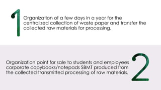 Organization of a few days in a year for the
centralized collection of waste paper and transfer the
collected raw materials for processing.
Organization point for sale to students and employees
corporate copybooks/notepads SBMT produced from
the collected transmitted processing of raw materials.
 