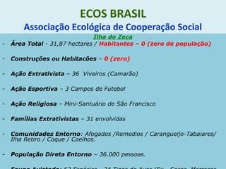 ECOS BRASIL
Associação Ecológica de Cooperação Social
Ilha do Zeca
- Área Total - 31,87 hectares / Habitantes – 0 (zero de população)
- Construções ou Habitacões – 0 (zero)
- Ação Extrativista – 36 Viveiros (Camarão)
- Ação Esportiva – 3 Campos de Futebol
- Ação Religiosa – Mini-Santuário de São Francisco
- Famílias Extrativistas – 31 envolvidas
- Comunidades Entorno: Afogados /Remedios / Carangueijo-Tabaiares/
Ilha Retiro / Coque / Coelhos.
- População Direta Entorno – 36.000 pessoas.
 