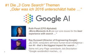 6
#1 Die „3 Core Search“ Themen
„Oder was ich 2016 unterschätzt habe …“
Ruth Porat (CFO Alphabet)
„Micro-Moments & AI are our core issues for the best
experiance with search …“
Ray Kurzweil (Director of Engineering Google)
„By 2029, computers will have human-level intelligence -
our AI - that´s the biggest impact for search …”
Seine mit Larry Page vereinbarte Job Description:
"Google verständlich machen„ ;-))
 