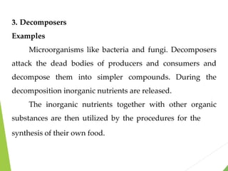 3. Decomposers
Examples
Microorganisms like bacteria and fungi. Decomposers
attack the dead bodies of producers and consumers and
decompose them into simpler compounds. During the
decomposition inorganic nutrients are released.
The inorganic nutrients together with other organic
substances are then utilized by the procedures for the
synthesis of their own food.
 