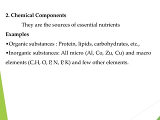2. Chemical Components
They are the sources of essential nutrients
Examples
•Organic substances : Protein, lipids, carbohydrates, etc.,
•Inorganic substances: All micro (Al, Co, Zu, Cu) and macro
elements (C,H, O, P
, N, P
, K) and few other elements.
 