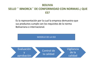 BOLIVIA
SELLO ´´ IBNORCA´´ DE CONFORMIDAD CON NORMAS ¿ QUE
                          ES?

    Es la representación por la cual la empresa demuestra que
    sus productos cumple con los requisitos de la norma
    Bolivariana o internacional.


                       MODELO DE LA ISO




     Evaluación                                   Vigilancia
                            Control de
          y                                         de la
                            la calidad
     aprobación                                    calidad
 