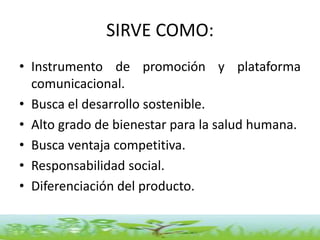 SIRVE COMO:
• Instrumento de promoción y plataforma
  comunicacional.
• Busca el desarrollo sostenible.
• Alto grado de bienestar para la salud humana.
• Busca ventaja competitiva.
• Responsabilidad social.
• Diferenciación del producto.
 
