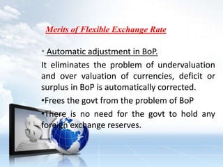 Merits of Flexible Exchange Rate
• Automatic adjustment in BoP.
It eliminates the problem of undervaluation
and over valuation of currencies, deficit or
surplus in BoP is automatically corrected.
•Frees the govt from the problem of BoP
•There is no need for the govt to hold any
foreign exchange reserves.
 