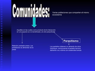 Comunidades: Varias poblaciones que comparten el mismo ecosistema Aquellas en las cuales como producto de la interacción en una especie se ve beneficiada y la otra perjudicada Relación predador-presa. Las predadoras se alimentan de la presa  Parasitismo  Los parásitos obtienen su alimento de otros individuos, comúnmente el parásito termina dañando a su victima con sustancias toxicas  