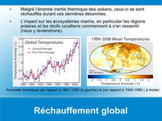 Réchauffement global Malgré l’énorme inertie thermique des océans, ceux-ci se sont réchauffés durant ces dernières décennies. L’impact sur les écosystèmes marins, en particulier les régions polaires et les récifs coralliens commencent à s’en ressentir (nous y reviendrons). Anomalie thermique par rapport à 1961-1990 (à gauche) et par rapport à 1940-1980 ( à droite) 