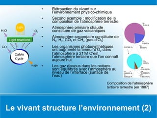 Le vivant structure l’environnement (2) Rétroaction du vivant sur l’environnement physico-chimique Second exemple : modification de la composition de l’atmosphère terrestre Atmosphère primaire chaude constituée de gaz volcaniques Atmosphère secondaire constituée de N 2 , H 2 , CO 2  et CH 4  (pas d’O 2 ) Les organismes photosynthétiques ont augmenté la teneur d’O 2  dans l’atmosphère à 21%! C’est l’atmosphère tertiaire que l’on connaît aujourd’hui Les gaz dissous dans les océans sont équilibrés avec l’atmosphère au niveau de l’interface (surface de l’eau) Composition de l’atmosphère tertiaire terrestre (en 1987) 