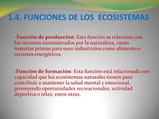 -Función de producción: Esta función se relaciona con
los recursos suministrados por la naturaleza, tanto
materias primas para usos industriales como alimento o
recursos energéticos.


-Función de formación: Esta función está relacionada con
capacidad que los ecosistemas naturales tienen para
contribuir a mantener la salud mental y emocional,
proveyendo oportunidades recreacionales, actividad
deportiva o relax, entre otras.
 