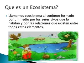  Llamamos ecosistema al conjunto formado
por un medio por los seres vivos que lo
habitan y por las relaciones que existen entre
todos estos elementos.
