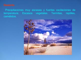 Desierto 
Precipitaciones muy escasas y fuertes oscilaciones de 
temperatura. Escasos vegetales. Termitas, reptiles, 
camélidos. 
 
