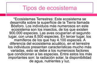Tipos de ecosistema
*Ecosistemas Terrestres: Este ecosistema se
desarrolla sobre la superficie de la Tierra llamada
Bósforo. Los individuos más numerosos en este
ecosistema son los insectos, de los que existen
900.000 especies. Las aves ocuparían el segundo
lugar, con unas 8.500 especies. En tercer lugar, los
mamíferos de los que hay 4.100 especies. A
diferencia del ecosistema acuático, en el terrestre
los individuos presentan características mucho más
variadas, esto se debe a los numerosos factores
que condicionan a las especies. Entre estos los más
importantes son: la radiación solar, la disponibilidad
de agua, nutrientes y luz.
 