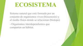 ECOSISTEMA
Sistema natural que está formado por un
conjunto de organismos vivos (biocenosis) y
el medio físico donde se relacionan (biotopo)
- Organismos interdependientes que
comparten un hábitat.
 