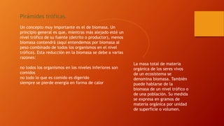 Pirámides tróficas.
Un concepto muy importante es el de biomasa. Un
principio general es que, mientras más alejado esté un
nivel trófico de su fuente (detrito o productor), menos
biomasa contendrá (aquí entendemos por biomasa al
peso combinado de todos los organismos en el nivel
trófico). Esta reducción en la biomasa se debe a varias
razones:
no todos los organismos en los niveles inferiores son
comidos
no todo lo que es comido es digerido
siempre se pierde energía en forma de calor
La masa total de materia
orgánica de los seres vivos
de un ecosistema se
denomina biomasa. También
puede hablarse de la
biomasa de un nivel trófico o
de una población. Su medida
se expresa en gramos de
materia orgánica por unidad
de superficie o volumen.
 