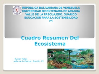 REPÚBLICA BOLIVARIANA DE VENEZUELA
UNIVERSIDAD BICENTENARIA DE ARAGUA
VALLE DE LA PASCUA;EDO. GUARICO
EDUCACIÓN PARA LA SOSTENIBILIDAD
P1
-Ruxier Matos
Valle de la Pascua; Sección P1
 