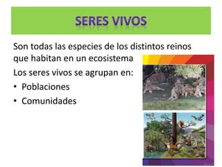 Son todas las especies de los distintos reinos
que habitan en un ecosistema
Los seres vivos se agrupan en:
• Poblaciones
• Comunidades
 