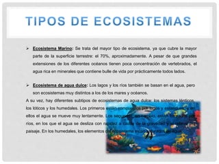  Ecosistema Marino: Se trata del mayor tipo de ecosistema, ya que cubre la mayor
parte de la superficie terrestre: el 70%, aproximadamente. A pesar de que grandes
extensiones de los diferentes océanos tienen poca concentración de vertebrados, el
agua rica en minerales que contiene bulle de vida por prácticamente todos lados.
 Ecosistema de agua dulce: Los lagos y los ríos también se basan en el agua, pero
son ecosistemas muy distintos a los de los mares y océanos.
A su vez, hay diferentes subtipos de ecosistemas de agua dulce: los sistemas lénticos,
los lóticos y los humedales. Los primeros están compuestos por lagos y estanques, y en
ellos el agua se mueve muy lentamente. Los segundos, en cambio, están formados por
ríos, en los que el agua se desliza con rapidez a causa de la gravedad y el relieve del
paisaje. En los humedales, los elementos del ecosistema están saturados de agua.
 