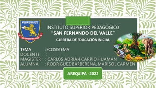 TEMA : ECOSISTEMA
DOCENTE :
MAGISTER : CARLOS ADRIÁN CARPIO HUAMAN
ALUMNA : RODRÍGUEZ BARBERENA, MARISOL CARMEN
INSTITUTO SUPERIOR PEDAGÓGICO
“SAN FERNANDO DEL VALLE”
CARRERA DE EDUCACIÓN INICIAL
AREQUIPA -2022
 