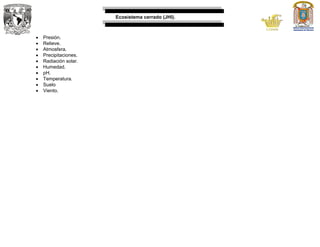 Ecosistema cerrado (JHI).
 Presión.
 Relieve.
 Atmosfera.
 Precipitaciones.
 Radiación solar.
 Humedad.
 pH.
 Temperatura.
 Suelo
 Viento.
 