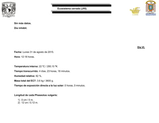 Ecosistema cerrado (JHI).
Sin más datos.
Día inhábil.
Día VI.
Fecha: Lunes 31 de agosto de 2015.
Hora: 12:18 horas.
Temperatura interna: 22 ºC / 295.15 ºK
Tiempo transcurrido: 4 días, 23 horas, 18 minutos.
Humedad relativa: 82 %.
Masa total del EC7: 3.6 kg / 3600 g.
Tiempo de exposición directa a la luz solar: 0 horas, 0 minutos.
Longitud de cada Phaseolus vulgaris:
1) 0 cm / 0 m.
2) 12 cm / 0.12 m.
 