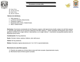 Ecosistema cerrado (JHI).
3) 0 cm / 0 m.
4) 12 cm / 0.12 m.
5) 0 cm / 0 m.
6) 20 cm / 0.20 m.
Número de individuos.
 Helix aspersa. 2
 Lumbricus terrestris. Desconocido.
 Phaseolus vulgaris. 3.
 Bryophyta sensu stricto. Indeterminado.
 Moho. Indeterminado.
Nutrientes: Crecimiento considerable de tres Phaseolus vulgaris y tallo ligeramente amarillo, estado vivo del Helix aspersa
2, aparente cese global de las funciones sistémicas del Helix aspersa 1, estado saludable del Bryophyta sensu stricto,
aparición de Moho en la regla métrica 2 (abundante) y en la regla métrica 1, crecimiento de pequeñas plantas sobre el
Bryophyta sensu stricto.
Condensación: No hay presencia.
Suelo: Húmedo, lodoso, pastoso, brillante, color café oscuro.
Viento: No hay presencia.
Relieve: Semiplano, ligeras elevaciones de 1 cm / 0.01 m aproximadamente.
Movimiento de cada Helix aspersa.
1) Posición de costado en el límite inferior cerca del límite noroeste. Aparentemente muerto.
2) Movimiento hacía el límite superior suroeste.
 