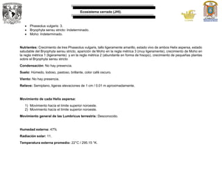 Ecosistema cerrado (JHI).
 Phaseolus vulgaris: 3.
 Bryophyta sensu stricto: Indeterminado.
 Moho: Indeterminado.
Nutrientes: Crecimiento de tres Phaseolus vulgaris, tallo ligeramente amarillo, estado vivo de ambos Helix aspersa, estado
saludable del Bryophyta sensu stricto, aparición de Moho en la regla métrica 3 (muy ligeramente), crecimiento de Moho en
la regla métrica 1 (ligeramente) y en la regla métrica 2 (abundante en forma de hisopo), crecimiento de pequeñas plantas
sobre el Bryophyta sensu stricto
Condensación: No hay presencia.
Suelo: Húmedo, lodoso, pastoso, brillante, color café oscuro.
Viento: No hay presencia.
Relieve: Semiplano, ligeras elevaciones de 1 cm / 0.01 m aproximadamente.
Movimiento de cada Helix aspersa:
1) Movimiento hacía el límite superior noroeste.
2) Movimiento hacía el límite superior noroeste.
Movimiento general de las Lumbricus terrestris: Desconocido.
Humedad externa: 47%
Radiación solar: 11.
Temperatura externa promedio: 22°C / 295.15 °K.
 
