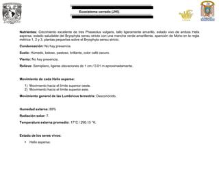 Ecosistema cerrado (JHI).
Nutrientes: Crecimiento excelente de tres Phaseolus vulgaris, tallo ligeramente amarillo, estado vivo de ambos Helix
aspersa, estado saludable del Bryophyta sensu stricto con una mancha verde amarillenta, aparición de Moho en la regla
métrica 1, 2 y 3, plantas pequeñas sobre el Bryophyta sensu stricto.
Condensación: No hay presencia.
Suelo: Húmedo, lodoso, pastoso, brillante, color café oscuro.
Viento: No hay presencia.
Relieve: Semiplano, ligeras elevaciones de 1 cm / 0.01 m aproximadamente.
Movimiento de cada Helix aspersa:
1) Movimiento hacía el límite superior oeste.
2) Movimiento hacía el límite superior este.
Movimiento general de las Lumbricus terrestris: Desconocido.
Humedad externa: 89%
Radiación solar: 7.
Temperatura externa promedio: 17°C / 290.15 °K.
Estado de los seres vivos:
 Helix aspersa:
 