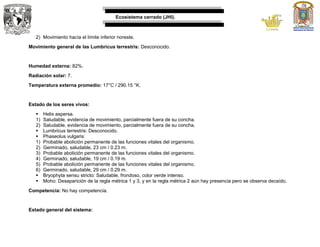 Ecosistema cerrado (JHI).
2) Movimiento hacía el límite inferior noreste.
Movimiento general de las Lumbricus terrestris: Desconocido.
Humedad externa: 82%.
Radiación solar: 7.
Temperatura externa promedio: 17°C / 290.15 °K.
Estado de los seres vivos:
 Helix aspersa.
1) Saludable, evidencia de movimiento, parcialmente fuera de su concha.
2) Saludable, evidencia de movimiento, parcialmente fuera de su concha.
 Lumbricus terrestris: Desconocido.
 Phaseolus vulgaris:
1) Probable abolición permanente de las funciones vitales del organismo.
2) Germinado, saludable, 23 cm / 0.23 m.
3) Probable abolición permanente de las funciones vitales del organismo.
4) Germinado, saludable, 19 cm / 0.19 m.
5) Probable abolición permanente de las funciones vitales del organismo.
6) Germinado, saludable, 29 cm / 0.29 m.
 Bryophyta sensu stricto: Saludable, frondoso, color verde intenso.
 Moho: Desaparición de la regla métrica 1 y 3, y en la regla métrica 2 aún hay presencia pero se observa decaído.
Competencia: No hay competencia.
Estado general del sistema:
 