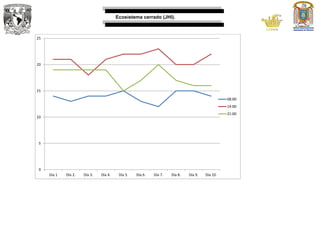 Ecosistema cerrado (JHI).
0
5
10
15
20
25
Día 1 Día 2. Día 3. Día 4. Día 5. Día 6. Día 7. Día 8. Día 9. Día 10.
08:00
14:00
21:00
 