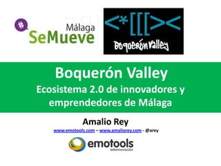 Boquerón Valley
Ecosistema 2.0 de innovadores y
  emprendedores de Málaga
               Amalio Rey
   www.emotools.com – www.amaliorey.com - @arey
 