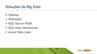 Soluções de Big Data
 Hadoop
 HDInsight
 SQL Server PDW
 SQL Data Warehouse
 Azure Data Lake
 