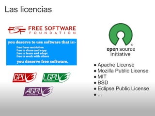 Las licencias




                ● Apache License
                ● Mozilla Public License
                ● MIT
                ● BSD
                ● Eclipse Public License
                ● ...
 