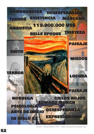 El grito - Edvard Munch, 1893 - Galería Nacional de Noruega, Oslo
grito
edward munch
vanguardias
terror
angustia
terror
miedos
belle epoque
máscara
noruega
desesperanza
cielos rojos
desesperación
expresionismo
119.900.000 US$
tristeza
existencia
psicología
locura
arte de inicio
de siglo xx
paisaje
paisaje
52
 