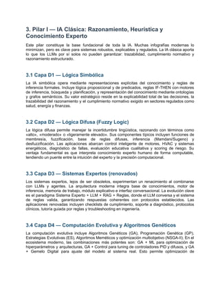 3. Pilar I — IA Clásica: Razonamiento, Heurística y
Conocimiento Experto
Este pilar constituye la base fundacional de toda la IA. Muchas infografías modernas lo
minimizan, pero es clave para sistemas robustos, explicables y regulados. La IA clásica aporta
lo que los LLMs por sí solos no pueden garantizar: trazabilidad, cumplimiento normativo y
razonamiento estructurado.
3.1 Capa D1 — Lógica Simbólica
La IA simbólica opera mediante representaciones explícitas del conocimiento y reglas de
inferencia formales. Incluye lógica proposicional y de predicados, reglas IF-THEN con motores
de inferencia, búsqueda y planificación, y representación del conocimiento mediante ontologías
y grafos semánticos. Su valor estratégico reside en la explicabilidad total de las decisiones, la
trazabilidad del razonamiento y el cumplimiento normativo exigido en sectores regulados como
salud, energía y finanzas.
3.2 Capa D2 — Lógica Difusa (Fuzzy Logic)
La lógica difusa permite manejar la incertidumbre lingüística, razonando con términos como
«alto», «moderado» o «ligeramente elevado». Sus componentes típicos incluyen funciones de
membresía, fuzzificación, base de reglas difusas, inferencia (Mamdani/Sugeno) y
desfuzzificación. Las aplicaciones abarcan control inteligente de motores, HVAC y sistemas
energéticos, diagnóstico de fallas, evaluación educativa cualitativa y scoring de riesgo. Su
ventaja fundamental es que interpreta conocimiento experto humano de forma computable,
tendiendo un puente entre la intuición del experto y la precisión computacional.
3.3 Capa D3 — Sistemas Expertos (renovados)
Los sistemas expertos, lejos de ser obsoletos, experimentan un renacimiento al combinarse
con LLMs y agentes. La arquitectura moderna integra base de conocimientos, motor de
inferencia, memoria de trabajo, módulo explicativo e interfaz conversacional. La evolución clave
es el paradigma Sistema Experto + LLM + RAG + Reglas, donde el LLM conversa y el sistema
de reglas valida, garantizando respuestas coherentes con protocolos establecidos. Las
aplicaciones renovadas incluyen checklists de cumplimiento, soporte a diagnóstico, protocolos
clínicos, tutoría guiada por reglas y troubleshooting en ingeniería.
3.4 Capa D4 — Computación Evolutiva y Algoritmos Genéticos
La computación evolutiva incluye Algoritmos Genéticos (GA), Programación Genética (GP),
Estrategias Evolutivas (ES), Algoritmos Meméticos y optimización multiobjetivo (NSGA-II). En el
ecosistema moderno, las combinaciones más potentes son: GA + ML para optimización de
hiperparámetros y arquitecturas, GA + Control para tuning de controladores PID y difusos, y GA
+ Gemelo Digital para ajuste del modelo al sistema real. Esto permite optimización de
 