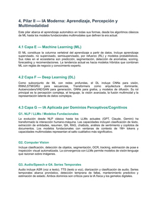 4. Pilar II — IA Moderna: Aprendizaje, Percepción y
Multimodalidad
Este pilar abarca el aprendizaje automático en todas sus formas, desde los algoritmos clásicos
de ML hasta los modelos fundacionales multimodales que definen la era actual.
4.1 Capa E — Machine Learning (ML)
El ML constituye la columna vertebral del aprendizaje a partir de datos. Incluye aprendizaje
supervisado, no supervisado, semisupervisado, por refuerzo (RL) y modelos probabilísticos.
Sus roles en el ecosistema son predicción, segmentación, detección de anomalías, scoring,
forecasting y recomendaciones. La tendencia actual es hacia modelos híbridos que combinan
ML con reglas de negocio y conocimiento experto.
4.2 Capa F — Deep Learning (DL)
Como subconjunto de ML con redes profundas, el DL incluye CNNs para visión,
RNN/LSTM/GRU para secuencias, Transformers como arquitectura dominante,
Autoencoders/VAE/GAN para generación, GNNs para grafos, y modelos de difusión. Su rol
principal es la percepción compleja, el lenguaje, la visión avanzada, la fusión multimodal y la
representación latente de datos complejos.
4.3 Capa G — IA Aplicada por Dominios Perceptivos/Cognitivos
G1. NLP / LLMs / Modelos Fundacionales
La evolución desde NLP clásico hasta los LLMs actuales (GPT, Claude, Gemini) ha
transformado la interacción humano-máquina. Las capacidades incluyen clasificación de texto,
extracción de entidades, resumen, QA, RAG, chatbots, análisis de sentimiento y copilotos de
documentos. Los modelos fundacionales con ventanas de contexto de 1M+ tokens y
capacidades multimodales representan el salto cualitativo más significativo.
G2. Computer Vision
Incluye clasificación, detección de objetos, segmentación, OCR, tracking, estimación de pose e
inspección visual automatizada. La convergencia con LLMs permite modelos de visión-lenguaje
que razonan sobre imágenes.
G3. Audio/Speech e G4. Series Temporales
Audio incluye ASR (voz a texto), TTS (texto a voz), diarización y clasificación de audio. Series
temporales abarca pronóstico, detección temprana de fallas, mantenimiento predictivo y
estimación de estado. Ambos dominios son críticos para la IA física y los gemelos digitales.
 