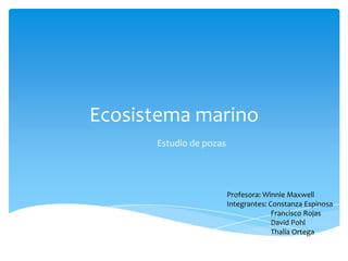 Ecosistema marino
Estudio de pozas

Profesora: Winnie Maxwell
Integrantes: Constanza Espinosa
Francisco Rojas
David Pohl
Thalía Ortega

 