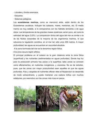 · Litorales y fondos arenosos.
· Estuarios.
· Sistemas pelágicos.
Los ecosistemas marinos, como se mencionó atrás, están dentro de los
Ecosistemas acuáticos. Incluyen los océanos, mares, marismas, etc. El medio
marino es muy estable, si lo comparamos con los hábitats terrestres o de agua
dulce. Las temperaturas de las grandes masas oceánicas varían poco, así como la
salinidad del agua (3,5%). La composición iónica del agua del mar es similar a la
de los fluidos corporales de la mayoría de los organismos marinos, lo que
soluciona la regulación osmótica. en el mar tan sólo unos 200 metros. A mayor
profundidad, las aguas se encuentran en oscuridad absoluta.
A la zona iluminada del mar se le denomina región fótica.
A la zona oscura región afótica.
El principal problema en el océano es la gran distancia entre la zona fótica
(superficial) y los nutrientes (sedimentados en aguas profundas). Donde hay luz
para la producción primaria hay pocos a la superficie; tales zonas se conocen
como afloramientos; en nutrientes inorgánicos, y viceversa. No es de extrañar,
pues, que las zonas con mayor productividad sean aquellas en que las aguas
profundas, frías y cargadas de nutrientes afloran ellas el fitoplancton se desarrolla
de modo extraordinario, y puede mantener una cadena trófica con muchos
eslabones; por esemotivo son las zonas más ricas en pesca.

 