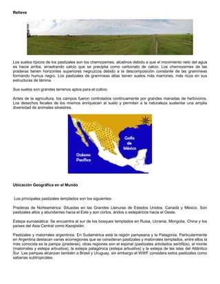 Relieve 
Los suelos típicos de los pastizales son los chernozemes, alcalinos debido a que el movimiento neto del agua 
es hacia arriba, arrastrando calcio que se precipita como carbonato de calcio. Los chernozemes de las 
praderas tienen horizontes superiores negruzcos debido a la descomposición constante de las gramíneas 
formando humus negro. Los pastizales de gramíneas altas tienen suelos más marrones, más ricos en sus 
estructuras de lámina. 
Sus suelos son grandes terrenos aptos para el cultivo. 
Antes de la agricultura, los campos fueron controlados continuamente por grandes manadas de herbívoros. 
Los desechos fecales de los mismos enriquecen al suelo y permiten a la naturaleza sustentar una amplia 
diversidad de animales silvestres. 
Ubicación Geográfica en el Mundo 
Los principales pastizales templados son los siguientes: 
Praderas de Norteamérica: Situadas en las Grandes Llanuras de Estados Unidos, Canadá y México. Son 
pastizales altos y abundantes hacia el Este y son cortos, áridos o estepáricos hacia el Oeste. 
Estepa euroasiática: Se encuentra al sur de los bosques templados en Rusia, Ucrania, Mongolia, China y los 
países del Asia Central como Kazajistán. 
Pastizales y matorrales argentinos: En Sudamérica está la región pampeana y la Patagonia. Particularmente 
en Argentina destacan varias ecorregiones que se consideran pastizales y matorrales templados, entre ellos la 
más conocida es la pampa (praderas), otras regiones son el espinal (pastizales arbolados xerófilos), el monte 
(matorrales y estepa arbustiva), la estepa patagónica (estepa arbustiva) y la estepa de las islas del Atlántico 
Sur. Las pampas alcanzan también a Brasil y Uruguay, sin embargo el WWF considera estos pastizales como 
sabanas subtropicales. 
 