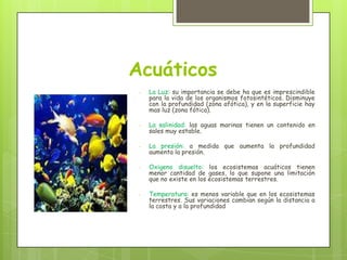 Acuáticos
-

La Luz: su importancia se debe ha que es imprescindible
para la vida de los organismos fotosintéticos. Disminuye
con la profundidad (zona afótica), y en la superficie hay
mas luz (zona fótica).

-

La salinidad: las aguas marinas tienen un contenido en
sales muy estable.

-

La presión: a medida que aumenta la profundidad
aumenta la presión.

-

Oxigeno disuelto: los ecosistemas acuáticos tienen
menor cantidad de gases, lo que supone una limitación
que no existe en los ecosistemas terrestres.

-

Temperatura: es menos variable que en los ecosistemas
terrestres. Sus variaciones cambian según la distancia a
la costa y a la profundidad

 