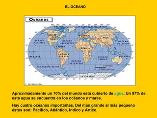 EL OCEANO




Aproximadamente un 70% del mundo está cubierto de agua. Un 97% de
esta agua se encuentra en los océanos y mares.
Hay cuatro océanos importantes. Del más grande al más pequeño
éstos son: Pacífico, Atlántico, Indico y Artico.
 