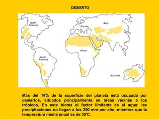 DESIERTO




Más del 14% de la superficie del planeta está ocupada por
desiertos, situados principalmente en áreas vecinas a los
trópicos. En este bioma el factor limitante es el agua: las
precipitaciones no llegan a los 250 mm por año, mientras que la
temperatura media anual es de 30'C.
 