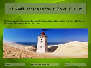 2.1. O MEDIO FÍSICO: FACTORES ABIÓTICOS Observa as distintas imaxes de ecosistemas e indica cales pensas que son os factores abióticos máis relevantes en cada caso. IMAXE 1 