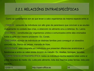 2.2.1. RELACIÓNS INTRAESPECÍFICAS Como xa comentamos son as que levan a cabo organismos da mesma especie entre sí. FAMILIA:  conxunto de individuos con alto grao de parentesco que conviven e se axudan mutuamente no coidado das crías, a obtención do alimento e/ou a defensa. Ex. Leóns COLONIAL:   constituidas por organismos unidos e comunicados entre eles orixinados todos a partir dun mesmo proxenitor. Ex. Corais. GREGARIA:  reunión de individuos de distintas familias para conseguir un obxectivo concreto. Ex. Banco de peixes, manada de ñúes. SOCIEDADE:  está integrada por individuos que presentan diferencias anatómicas e  fisiolóxicas e entre os cales existe división do traballo. Ex. Abellas, formigas, termitas. COMPETENCIA INTRAESPECÍFICA:  todos os individuos dunha especie loitan entre sí  polos recursos do medio .Ex. Loita polo alimento, loita dos machos polas femias, loita polo espacio... 
