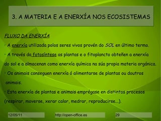 3. A MATERIA E A ENERXÍA NOS ECOSISTEMAS FLUXO DA ENERXÍA A  enerxía  utilizada polos seres vivos provén do  SOL  en último termo. A través da  fotosíntese  as plantas e o fitoplancto obteñen a enerxía do sol e a almacenan como enerxía química na súa propia materia orgánica. Os animais conseguen enerxía ó alimentarse de plantas ou doutros animais. Esta enerxía de plantas e animais emprégase en distintos procesos (respirar, moverse, xerar calor, medrar, reproducirse...). 