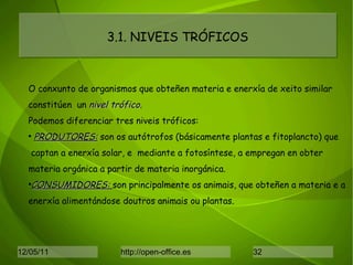 3.1. NIVEIS TRÓFICOS O conxunto de organismos que obteñen materia e enerxía de xeito similar constitúen  un  nivel trófico . Podemos diferenciar tres niveis tróficos: PRODUTORES:   son os autótrofos (básicamente plantas e fitoplancto) que captan a enerxía solar, e  mediante a fotosíntese, a empregan en obter  materia orgánica a partir de materia inorgánica. CONSUMIDORES:  son principalmente os animais, que obteñen a materia e a enerxía alimentándose doutros animais ou plantas. 