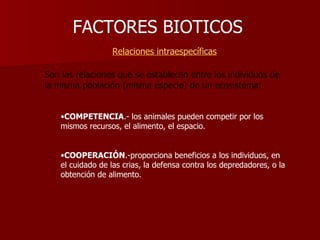 FACTORES BIOTICOS     Relaciones intraespecíficas Son las relaciones que se establecen entre los individuos de la misma población (misma especie) de un ecosistema: COMPETENCIA .- los animales pueden competir por los mismos recursos, el alimento, el espacio. COOPERACIÓN .-proporciona beneficios a los individuos, en el cuidado de las crias, la defensa contra los depredadores, o la obtención de alimento. 