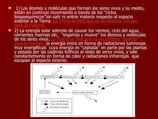 1) Los átomos y moléculas que forman los seres vivos y su medio, están en continuo movimiento a través de los “ciclos biogeoquímicos”sin salir ni entrar materia respecto al espacio exterior a la Tierra.  La Tierra se dice que es un sistema cerrado para la materia.  2) La energía solar además de causar los vientos, ciclo del agua, corrientes marinas etc,  “organiza y mueve” los átomos y moléculas de los seres vivos.  La Tierra se dice que es un sistema “abierto” para la energía:   la energía entra en forma de radiaciones luminosas muy energéticas  cuya energía es “captada” en parte por las plantas y pasada por las cadenas tróficas al resto de seres vivos, y sale constantemente en forma de calor y radiaciones infrarrojas  que escapan al espacio exterior. 