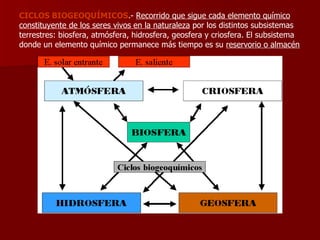 CICLOS BIOGEOQUÍMICOS .-  Recorrido que sigue cada elemento químico constituyente de los seres vivos en la naturaleza  por los distintos subsistemas terrestres: biosfera, atmósfera, hidrosfera, geosfera y criosfera. El subsistema donde un elemento químico permanece más tiempo es su  reservorio o almacén 